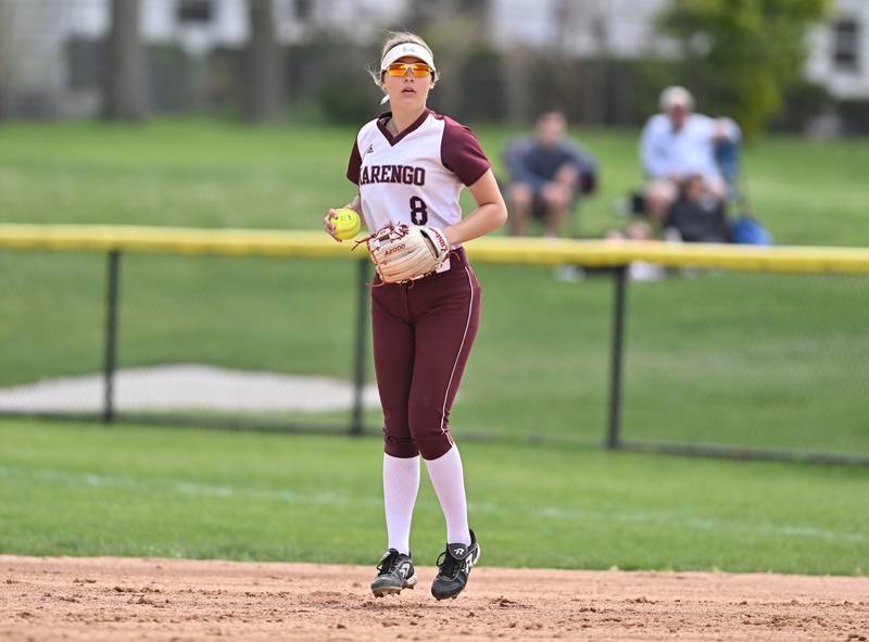 Marengo's second baseman Gabby Gieseke in action during the non-conference game against Lockport on Saturday, April. 27, 2024, at Lockport.