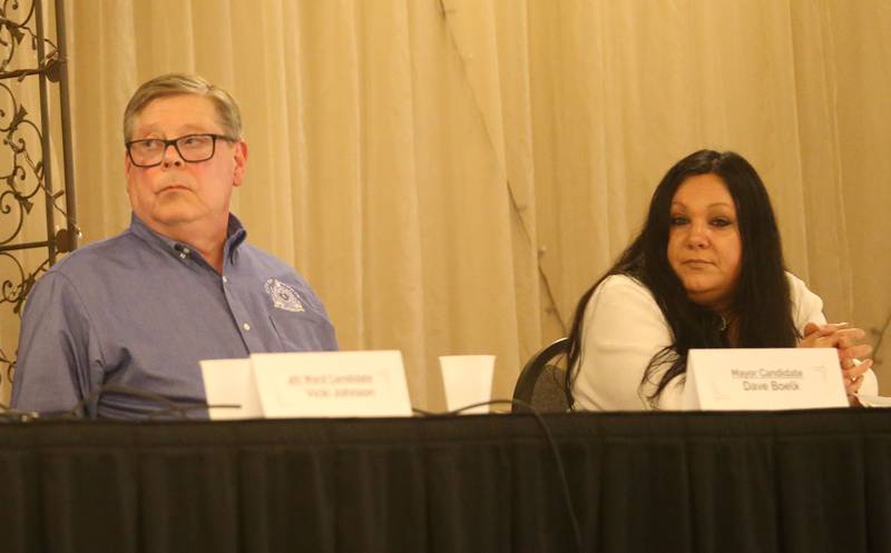 Mendota mayoral candidates Dave Boelk, and Shallan Gross, attend the candidate forum on Tuesday, March 11, 2025 at the Mendota Civic Center. The event was put on by the Mendota Chamber of Commerce.