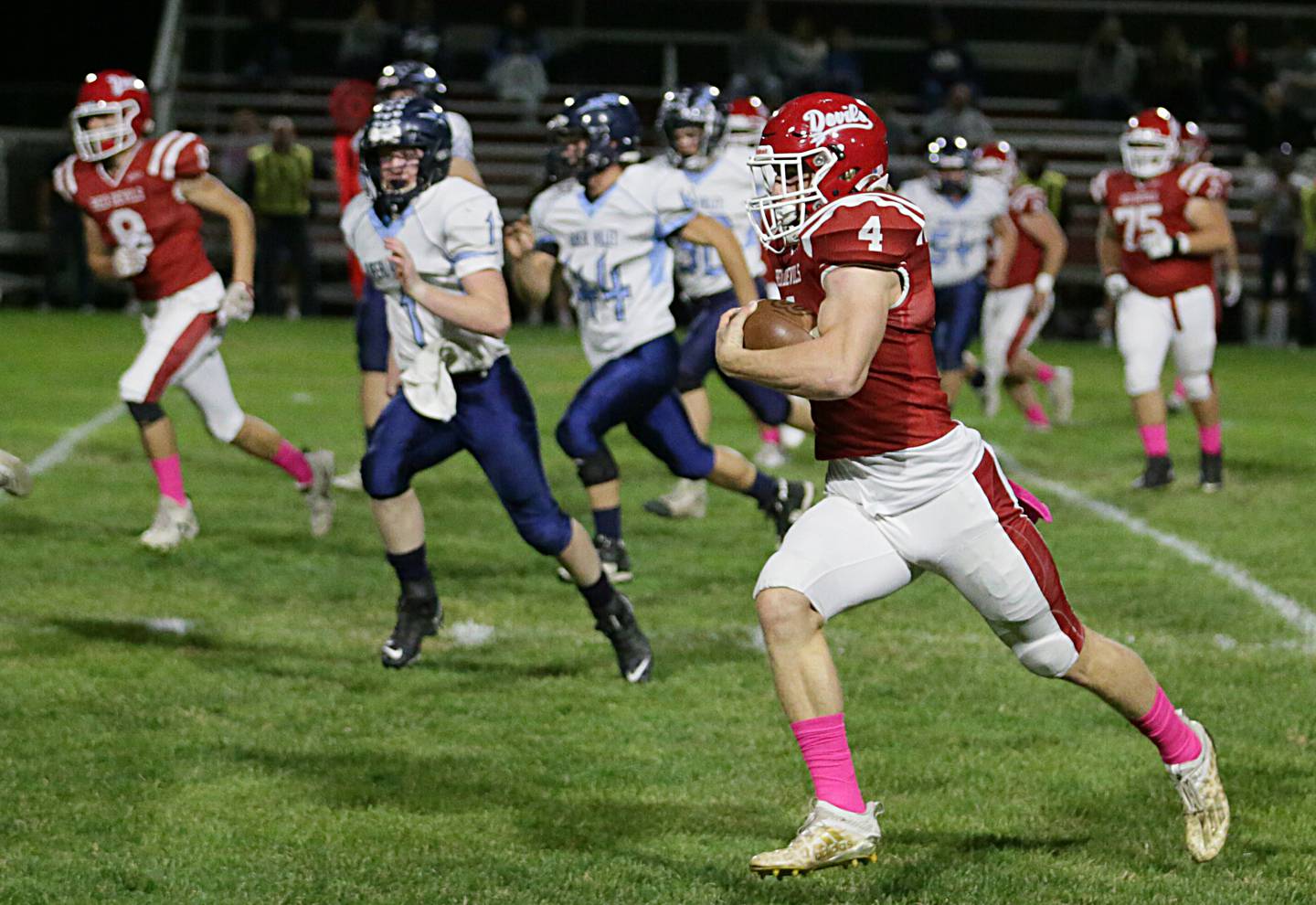 Hall's Mac Resetich (4) celebrates with teammate DeAnthony Weatherspoon (28) after scoring a touchdown against Bureau Valley on Friday, Oct. 21, 2022 at Richard Nesti Stadium in Spring Valley.