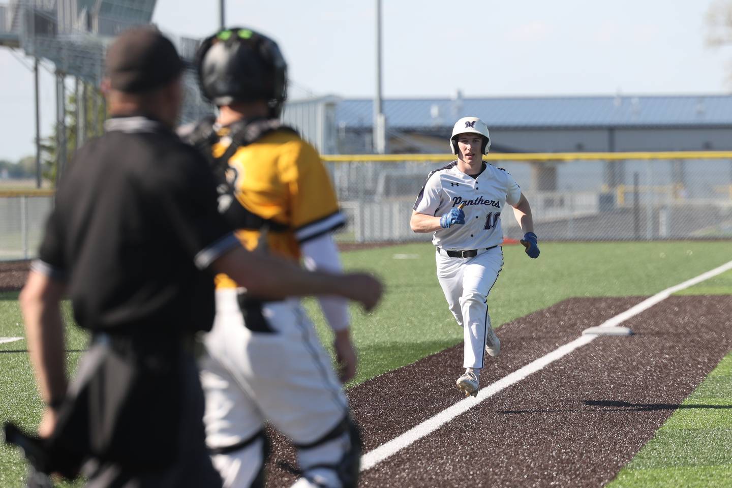 Manteno’s Connor Harrod advances to score a run during the Panthers’ 8-7 victory over Herscher on Tuesday, May 6, 2025.