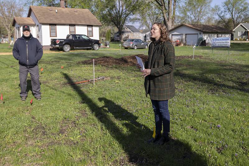 Renata Young, Public Relations Committee chairperson for Dixon Habitat for Humanity, speaks during the groundbreaking Saturday, April 18, 2026.