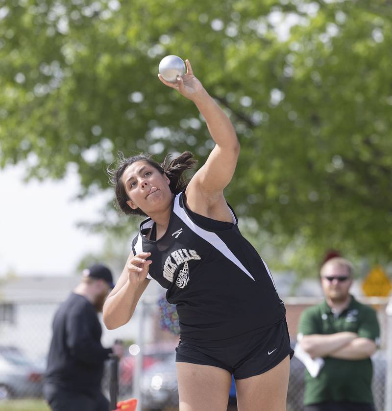 Rock Falls’ Taylor Reyna fires off the shot put Thursday, May 11, 2023 at the class 2A Sterling girls track sectionals.