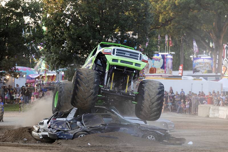 Brad Shippert of Dixon rolls right over cars Thursday, August 17, 2023 during the Full Throttle Monster Truck show at the Whiteside County Fair. The local boy made good by wowing the crowd in Morrison.