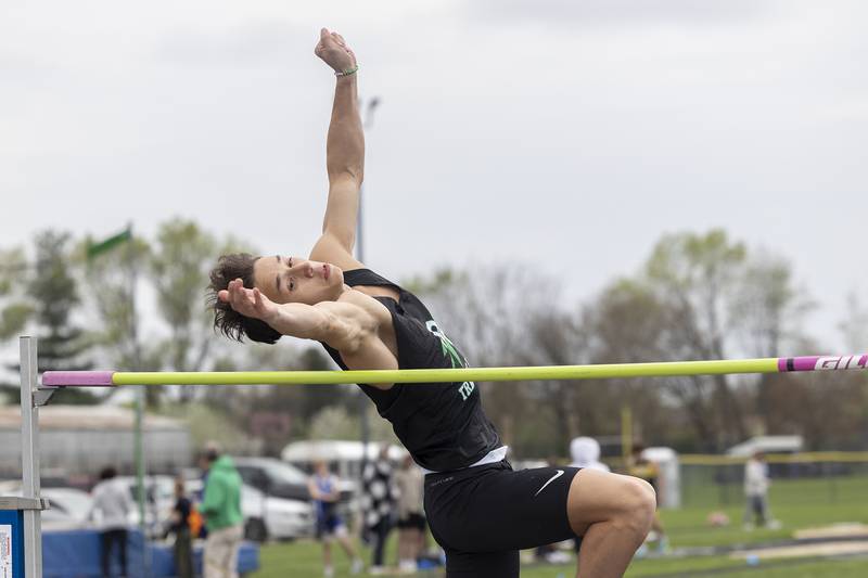 Rock Falls’ Anthony Valdivia clears the bar in the high jump Friday, April 25, 2025, during the Rock Falls Rocket Invite.