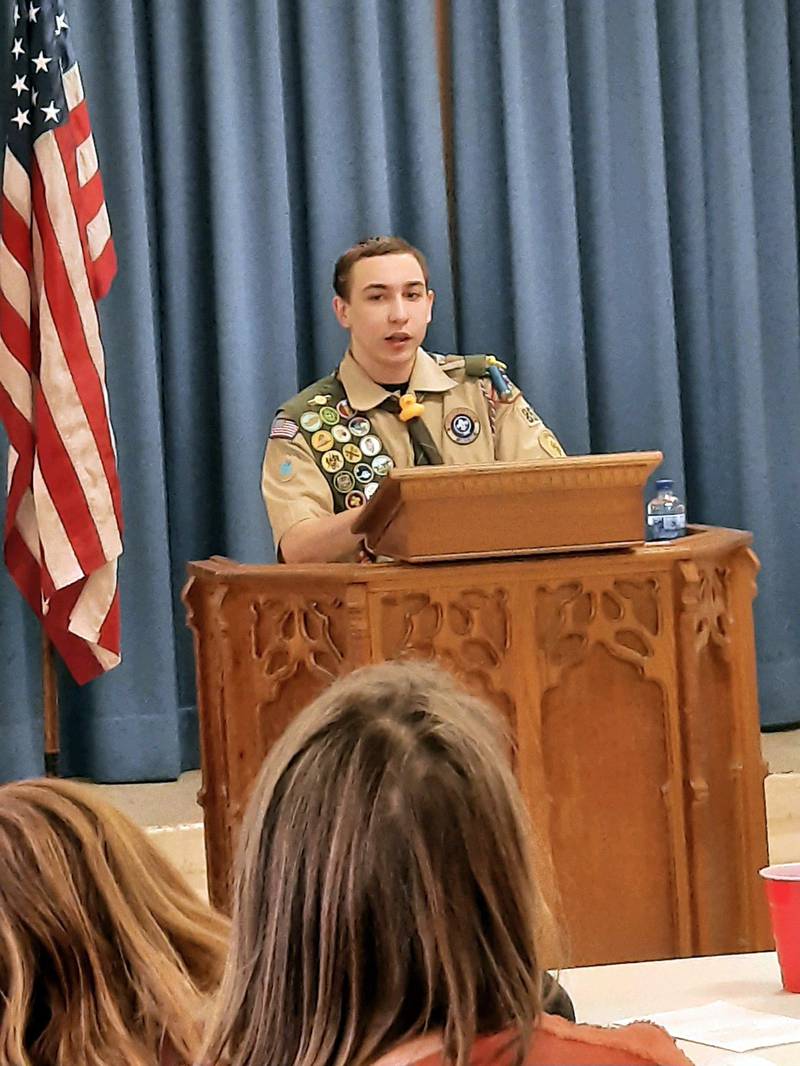Gabe Buelvas, 17, speaks at his Eagle Scout sashing, Feb. 25, 2024 in Dixon.