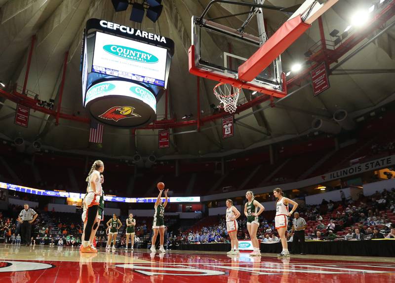 St. Bede's Ella Hermes shoots a free throw during the Class 1A third-place game on Thursday, Feb. 29, 2024 at CEFCU Arena in Normal.