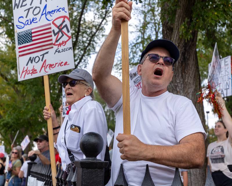Protester chants ‘Donald Trump has got to go!’ at the ‘No Kings 2.0’ Protest on Saturday, October 18, 2025 at Washington Square Park in Ottawa.