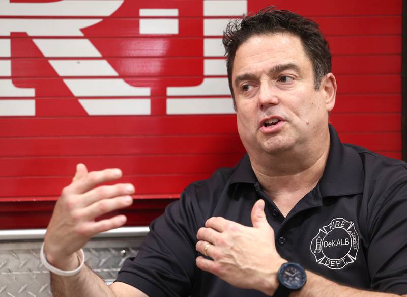 DeKalb firefighter/paramedic Pat Eriksen talks Wednesday, April 17, 2024, at the DeKalb Fire Department Fire house No. 1, about what his daily routine looks like on a normal shift at the department.