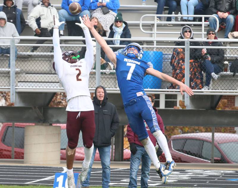 A pass intended for Montini Catholic's Isaiah Mason is broken up by Princeton's Gavin Lanham during the Class 3A quarterfinal game on Saturday, Nov. 16, 2024 at Bryant Field in Princeton.