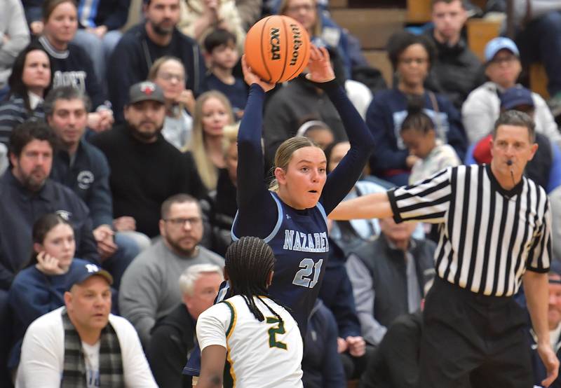 Nazareth’s Lyla Shelton fires a pass from near the sideline during the Class 4A Lyons Supersectional game on March 2, 2026 at Lyons Township High School in LaGrange.