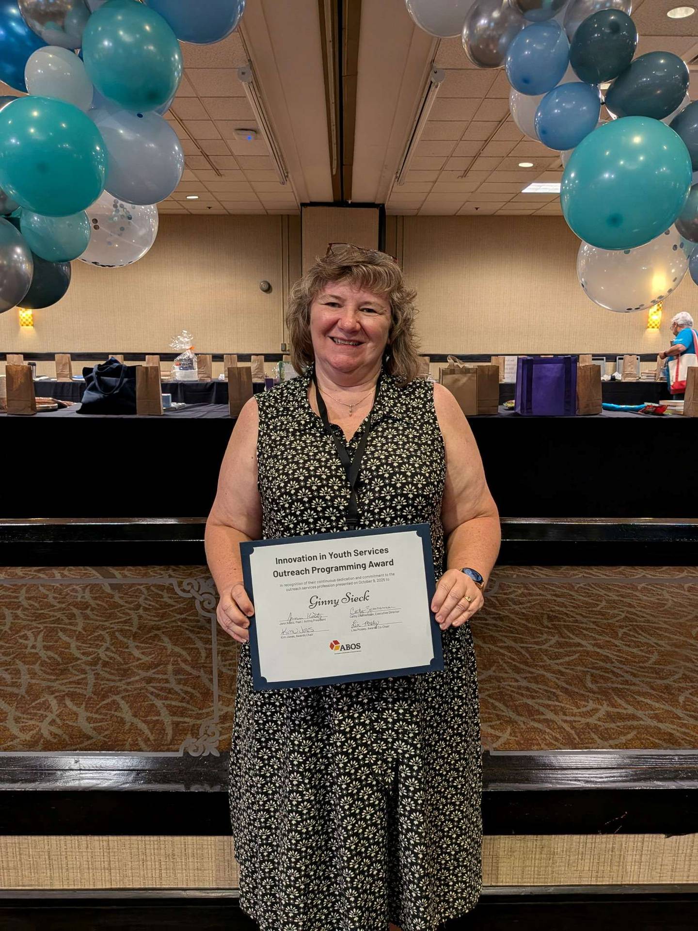 Ginny Sieck, Geneva Public Library, at the Association of Bookmobile and Outreach Services Awards in St. Louis, Oct. 9, 2025.