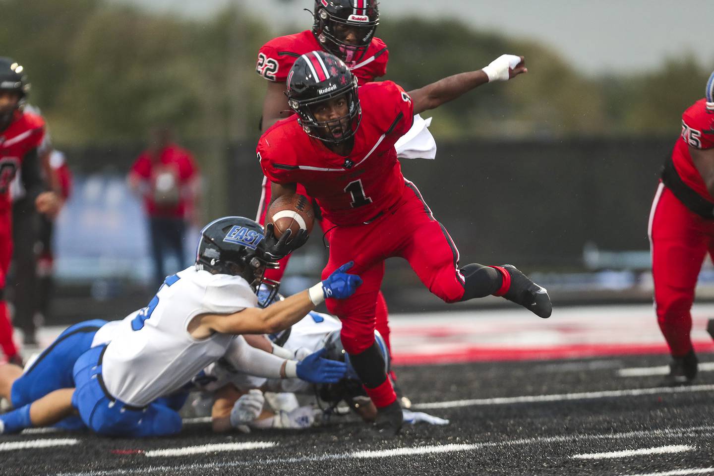 Bolingbrook running back Jaquan Howard springs out of the backfield on Friday, Sept. 24, 2021, at Bolingbrook High School in Bolingbrook, Ill.