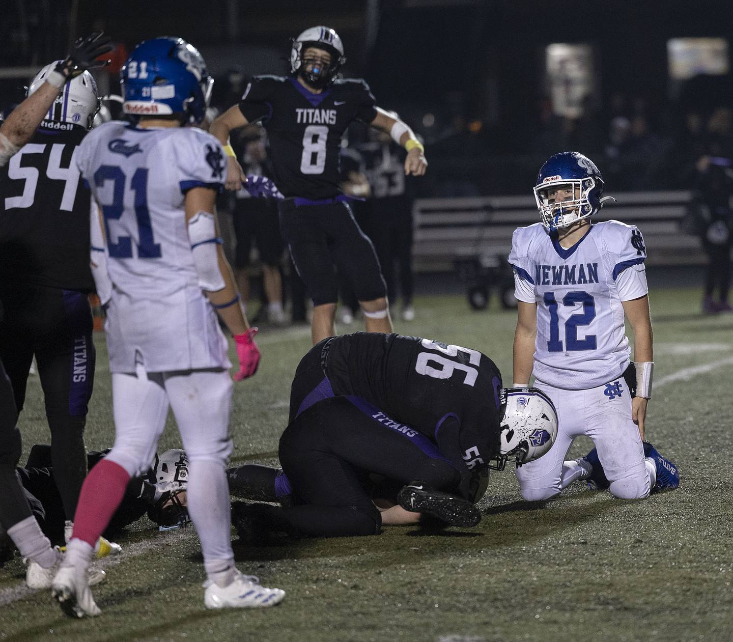 Newman’s Evan Bushman reacts to a turnover against El Paso Saturday, Nov. 8, 2025.