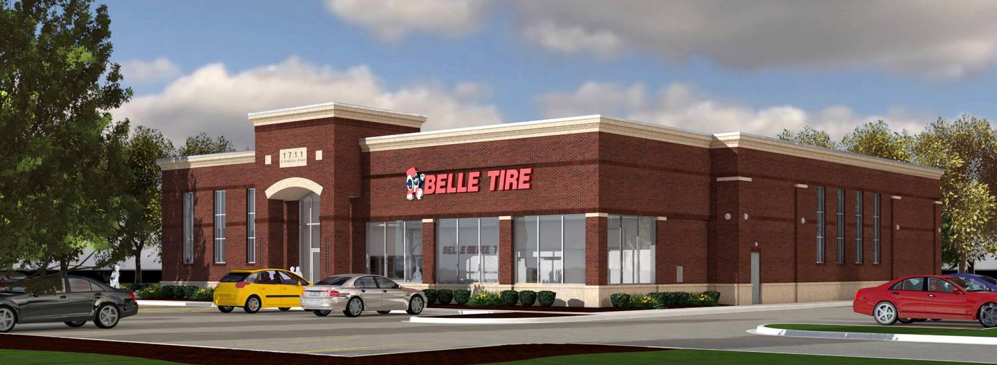 An architect's rendering shows how the Belle Tire set for The Enclave in Algonquin, at Randall Road and Commons Drive, will look. The village board approved a development agreement with the site developer on Tuesday, Dec. 20, 2022.