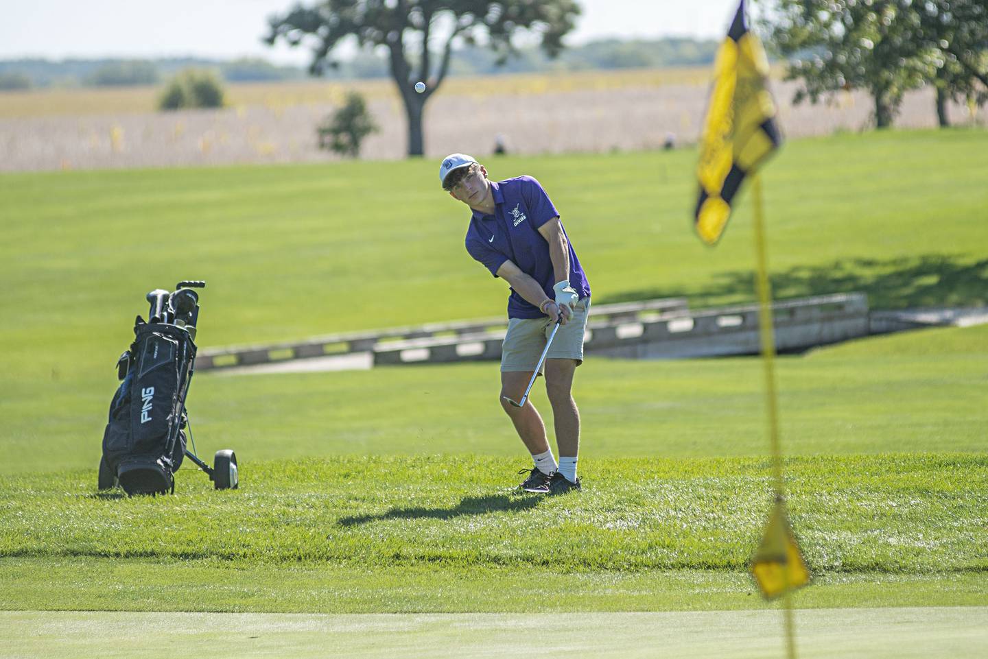 Dixon’s Steve Kitzman chips onto the no. 11 green at Emerald Hill in Sterling for the Class AA IHSA sectional golf meet.