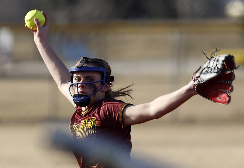 Richmond-Burton's Hailey Holtz throws a pitch during a nonconference softball game Wednesday March 16, 2022, between Crystal Lake Central and Richmond-Burton at Lippold Park in Crystal Lake.