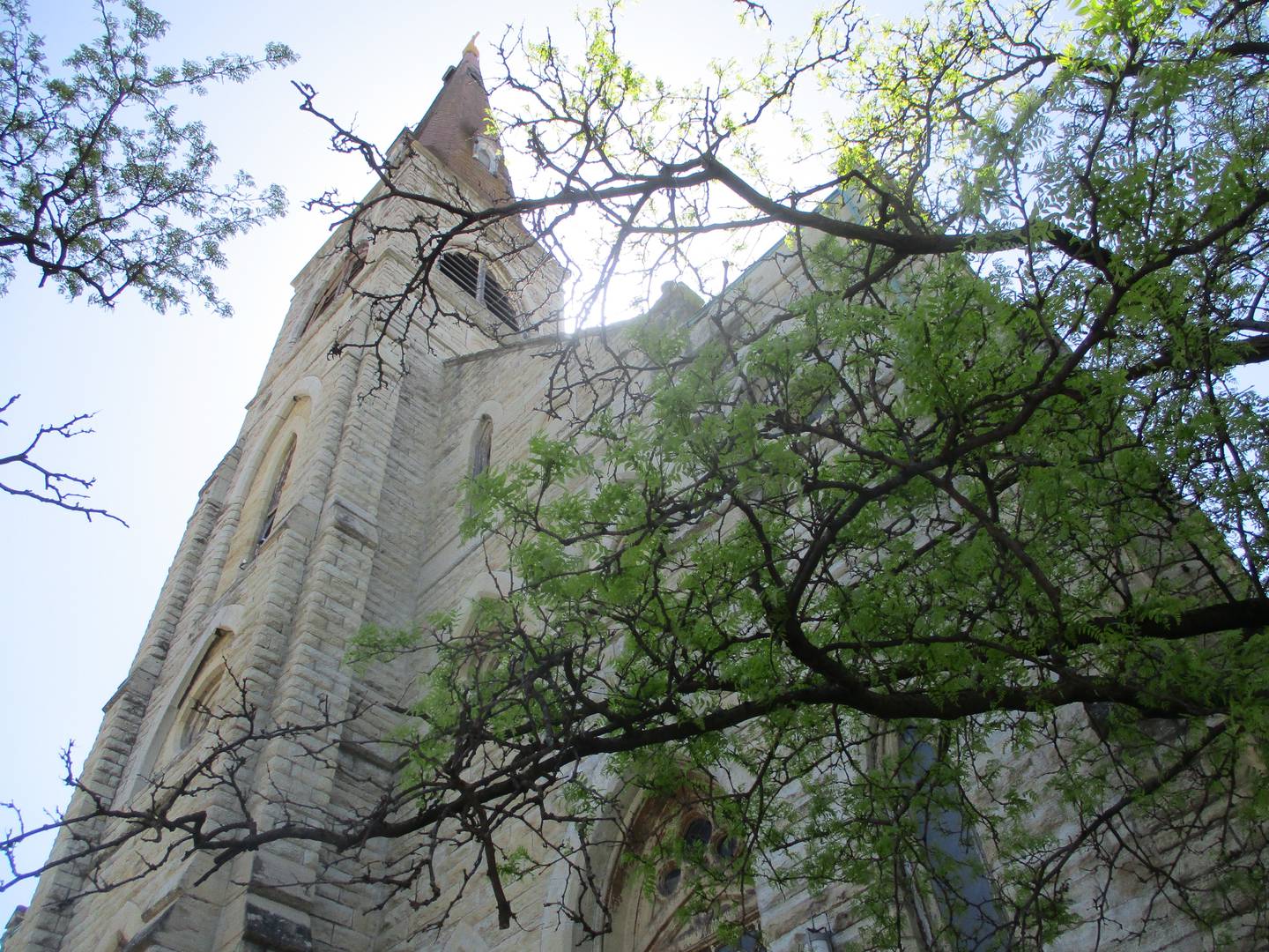 The steeple of St. Mary Carmelite Church is a familiar feature of the downtown Joliet skyline. May 10, 2023.