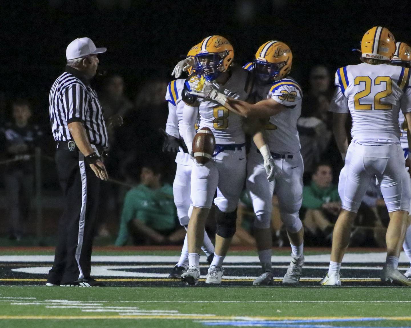 Lyon's Danny Pasko (8) celebrates a pick six during football game between Lyons at York.  
Sept 24, 2021.