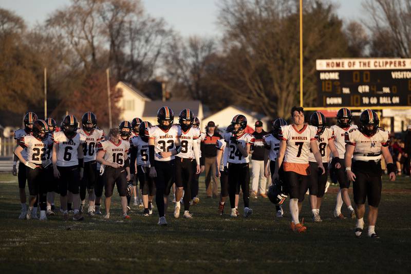 The Milledgeville football team leaves the field after losing 18-6 against Amboy Saturday, Nov. 15, 2025, in the 8-man football semifinal.