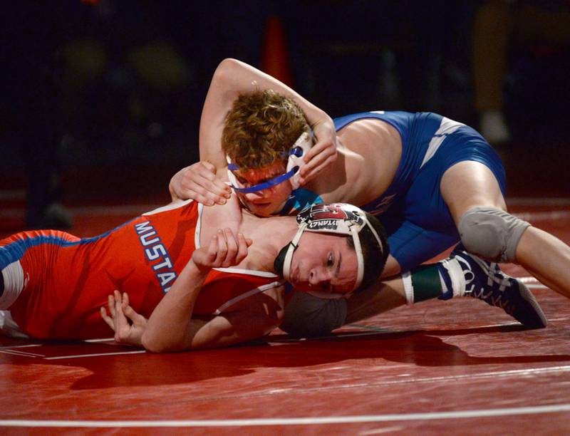 Morrison’s Cael Wright wrestles Sterling Newman’s Landon Near at 106 pounds in the finals at the 1A Oregon Regional on Saturday, Feb. 15, 2025.