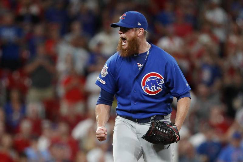 Chicago Cubs relief pitcher Craig Kimbrel celebrates after striking out St. Louis Cardinals' Yairo Munoz for the final out of a baseball game Wednesday, July 31, 2019, in St. Louis. The Cubs won 2-0. (AP Photo/Jeff Roberson)