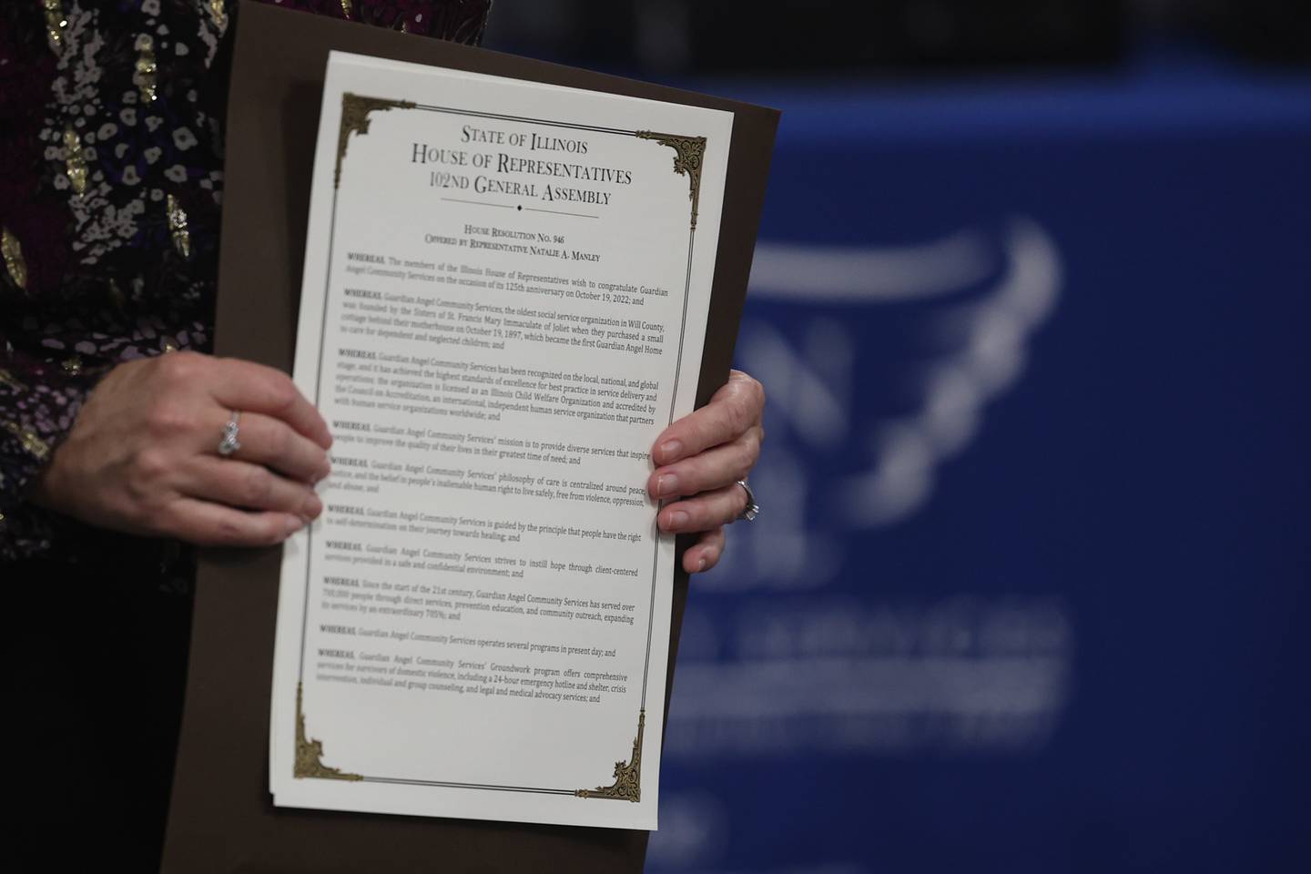 State of Illinois House of Representatives wrote a resolution recognizing the work of the Guardian Angels Community Services for their 125th anniversary event in Downtown Joliet.