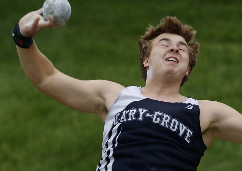 Cary-Grove’s Zachary Petko throws the shot put during the IHSA Class 3A Huntley Boys Track and Field Sectional Wednesday, May 18, 2022, at Huntley High School.