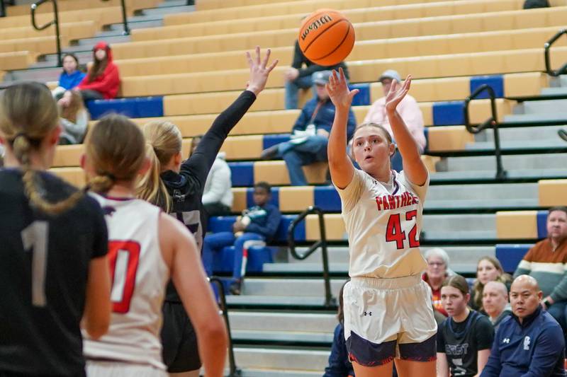 Oswego’s Kendall Grant (42) shoots a three pointer against Oswego East during a basketball game at Oswego High School on Wednesday, January 22, 2025.