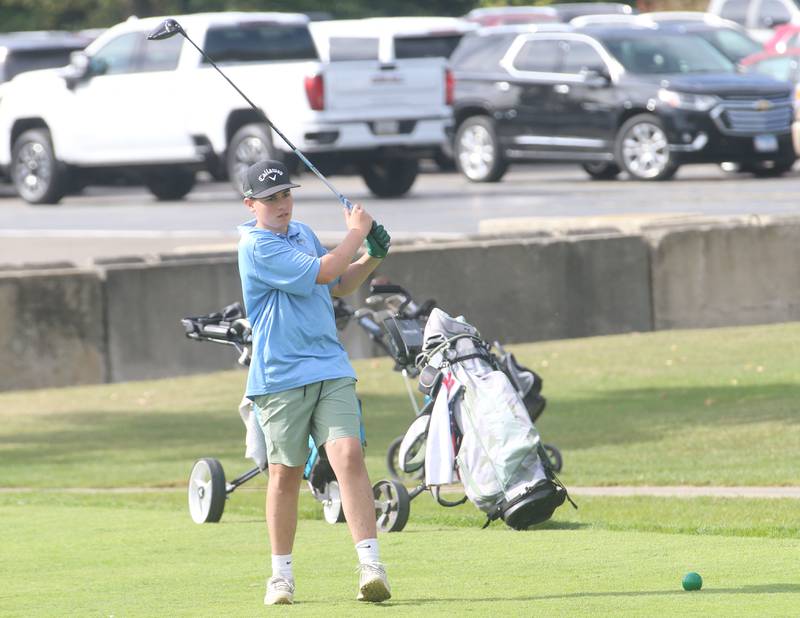 Marquette's Connor Cooper tees off during the Class 1A Regionals on Wednesday, Oct. 1, 2025 at Deer Park Golf Club in Oglesby.