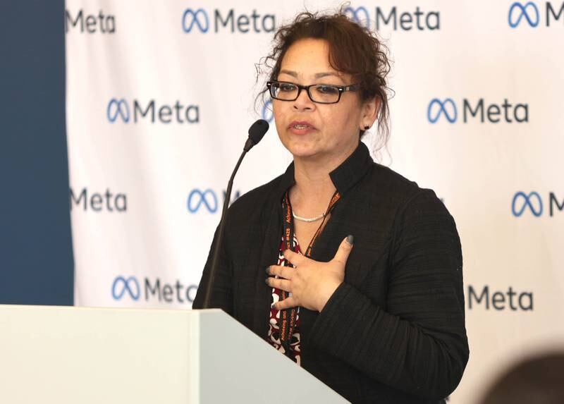 DeKalb District 428 Superintendent Minerva Garcia-Sanchez speaks during a press conference Wednesday, April 27, 2022, at the Meta DeKalb Data Center. Meta announced Wednesday that they will be expanding the Meta DeKalb Data Center by three new buildings. Once completed, the nearly 2.4 million-square-foot data center will represent an investment of over $1 billion and will support more than 200 operational jobs. Meta also awarded $50,000 to DeKalb school STEM projects.