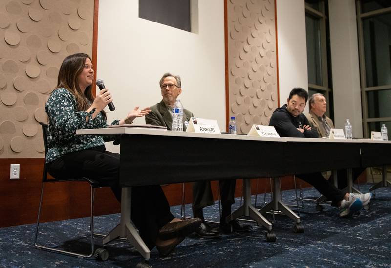 Four out of six of Geneva School District 304’s Board Candidates seeking four-year terms speak during the League of Women Voters' Public Forum  at the Geneva Public Library  on Thursday, Feb. 16, 2023. The candidates are all seeking available four-year terms.