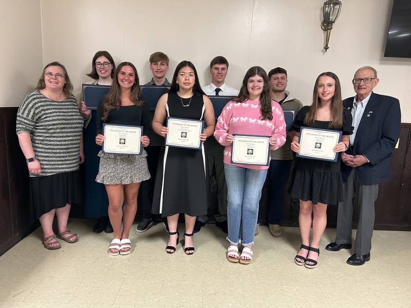 Teen of the Month winners were recognized by the Oglesby Elks Lodge #2360 during a recent awards banquet. Front row from left: Lisa Fultz, Americanism Chair and Past Exalted Ruler; Kennedy Wozniak, Alexandra Serratos, Ashland Hansen, and Andrea Brandner, Teen of the Month winners; and Ken Ficek, Past Exalted Ruler. Back row from left: Annalise Ricci, Zachary Quick, Phillip Gray, and Cameron Olivero, Teen of the Month winners.