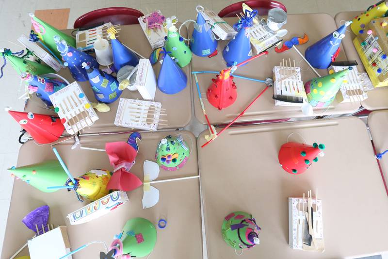 A view of party hats and instruments that students make during Camp Invention at Central Intermediate School on Thursday, June 15, 2023 in Ottawa.