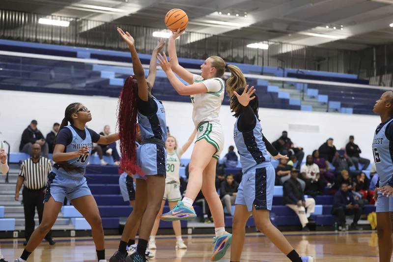 Providence’s Landrie Callahan puts up a shot against Hillcrest in the Class 3A Hillcrest Sectional championship game on Thursday, Feb. 26, 2026 in Hillcrest.