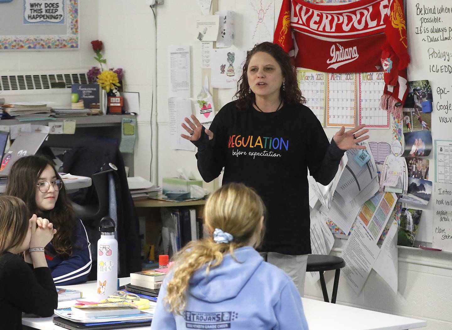 Social-emotional learning coordinator Kristen Ziemba teaches a lesson about kindness on Tuesday, March 14, 2023, to fifth-grade students at South Elementary School in Crystal Lake.