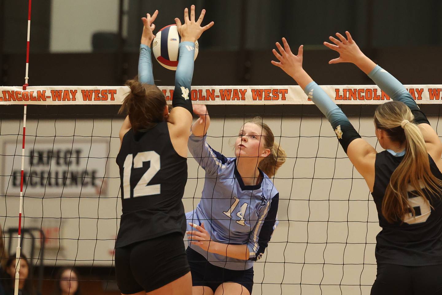 Plainfield South’s Grace Malek tries to power a shot through the defense of Joliet Catholic in the Class 4A Lincoln-Way West Regional semifinal on Tuesday, Oct. 29, 2024 in New Lenox.
