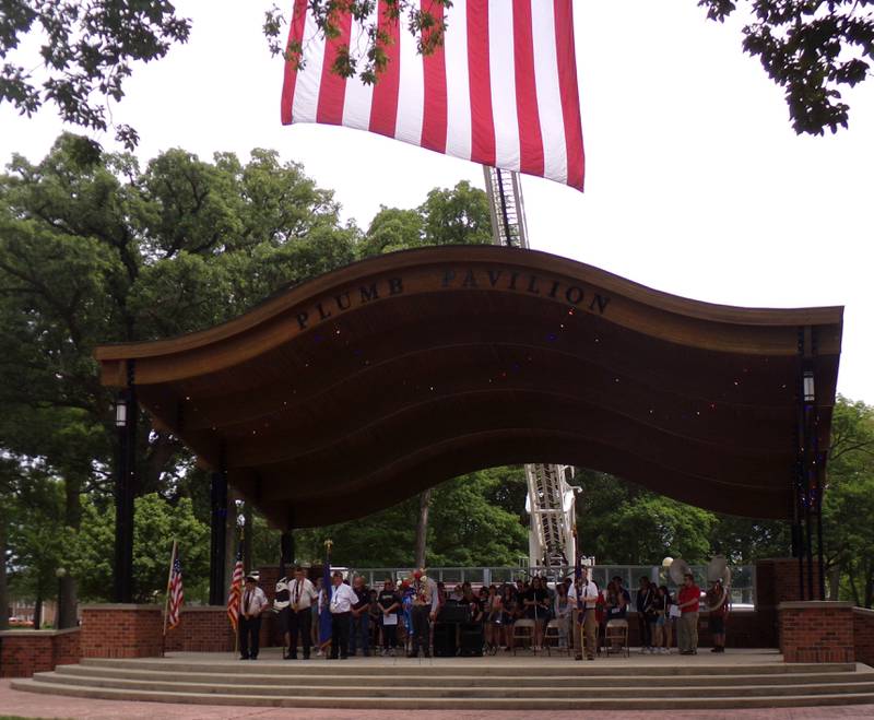 The Streator Fire Department flies the American flag high above Plumb Pavilion on Monday, May 29, 2023, during the Memorial Day ceremony at City Park.