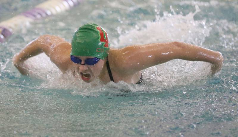 L-P co-op's Emily Lowery competes in the 50 yard freestyle during a swim meet on Wednesday, Sept. 24, 2025 at the Illinois Valley YMCS in Peru.