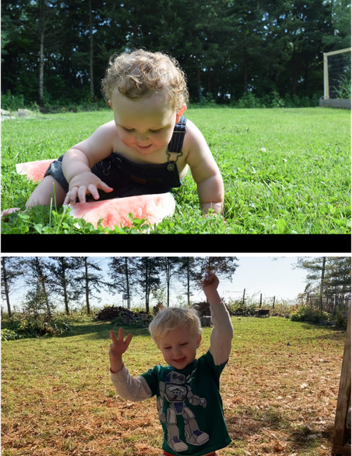 Tim Jackowiak, whose property abuts NVA's, shows how the nearby land is less wooded than it once was, which he said is a result of NVA preparing its expansion. The top photo in his yard is in 2017 of his son Charlie. At bottom is a shot from fall 2022 of son Stanley.