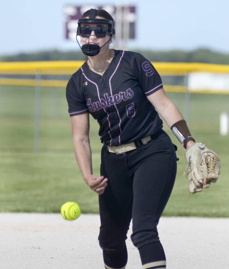 Serena starting Pitcher Maddie Glade lets go with a pitch against Gardner-South Wilmington Friday at Serena.