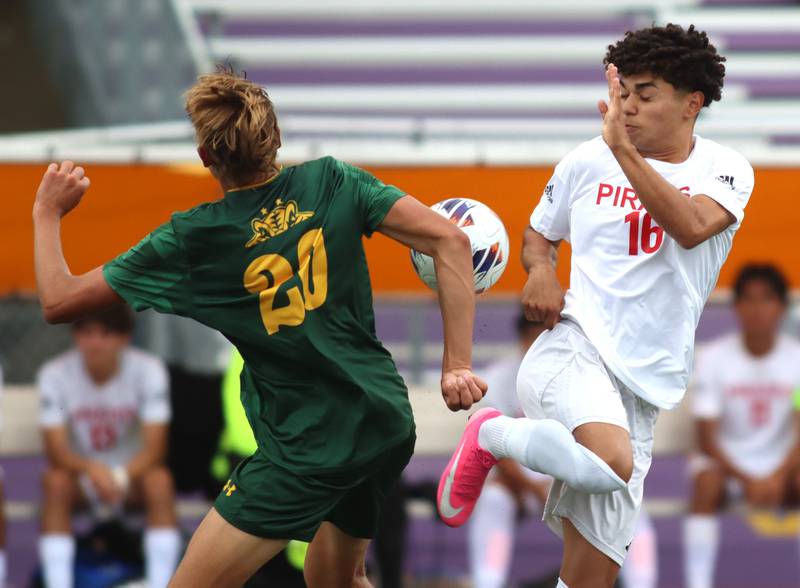 Crystal Lake South’s Vince Santarelli, left, battles Palatine’s Adam Jakimiuk in varsity boys soccer at Ray Porten Field on the campus of Wauconda High School in Wauconda on Wednesday, Sept. 3, 2025.