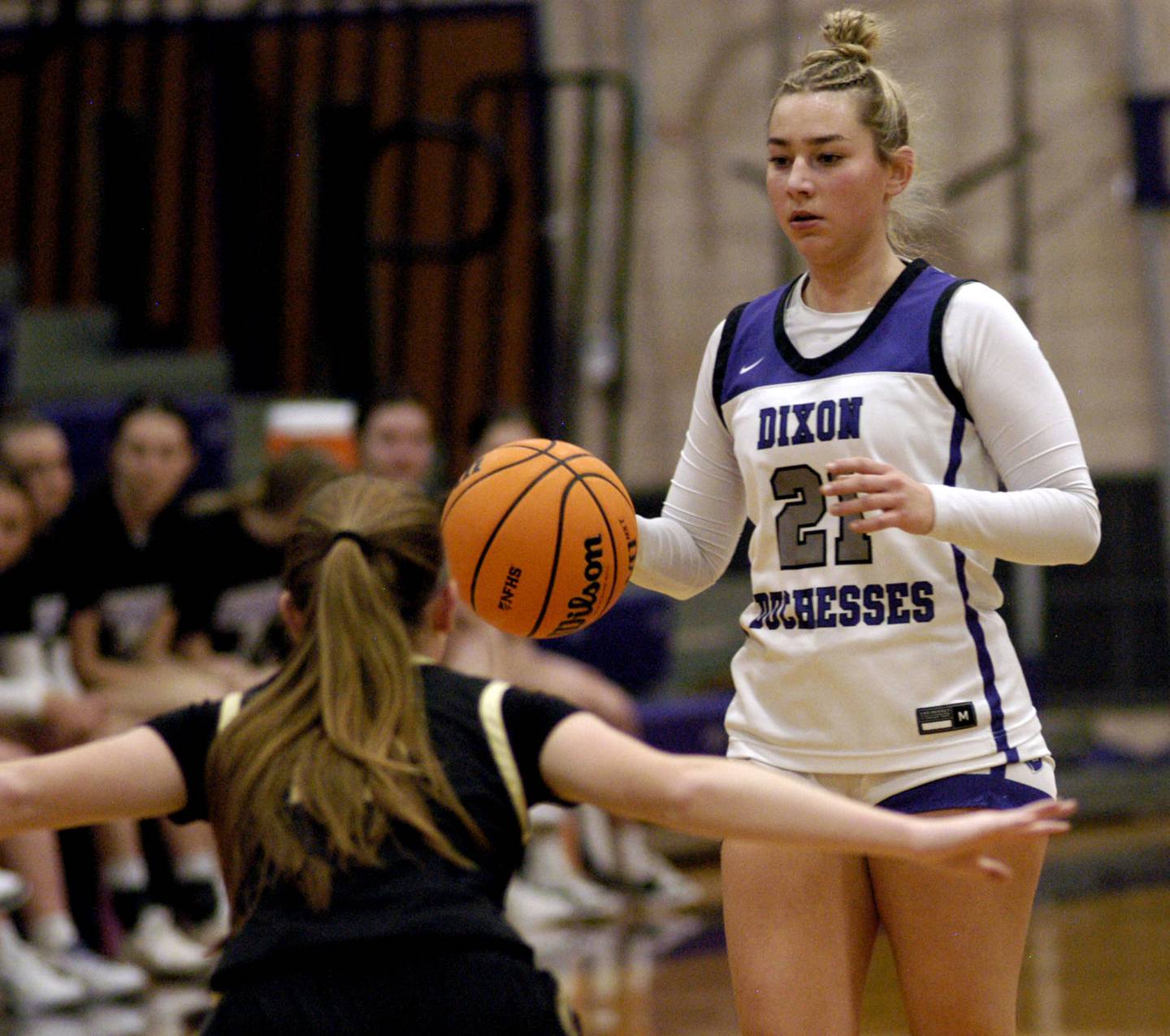 Dixon's Reese Dambman  brings the ball up court. The Dixon Duchesses beat the Sycamore Spartans 55-47 in a non-conference game played at Lancaster Gym in Dixon on Saturday, December 20th, 2025.
