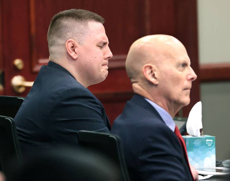 Former police officer James Corralejo (left) becomes emotional while listening to victim impact statements with his attorney Gary Johnson Thursday, July 17, 2025, at the DeKalb County Courthouse in Sycamore. Corralejo was sentenced to four years in prison for a Class 2 felony count of driving under the influence of alcohol causing death for a 2023 crash that killed DeKalb woman Graciela Reza Contreras.