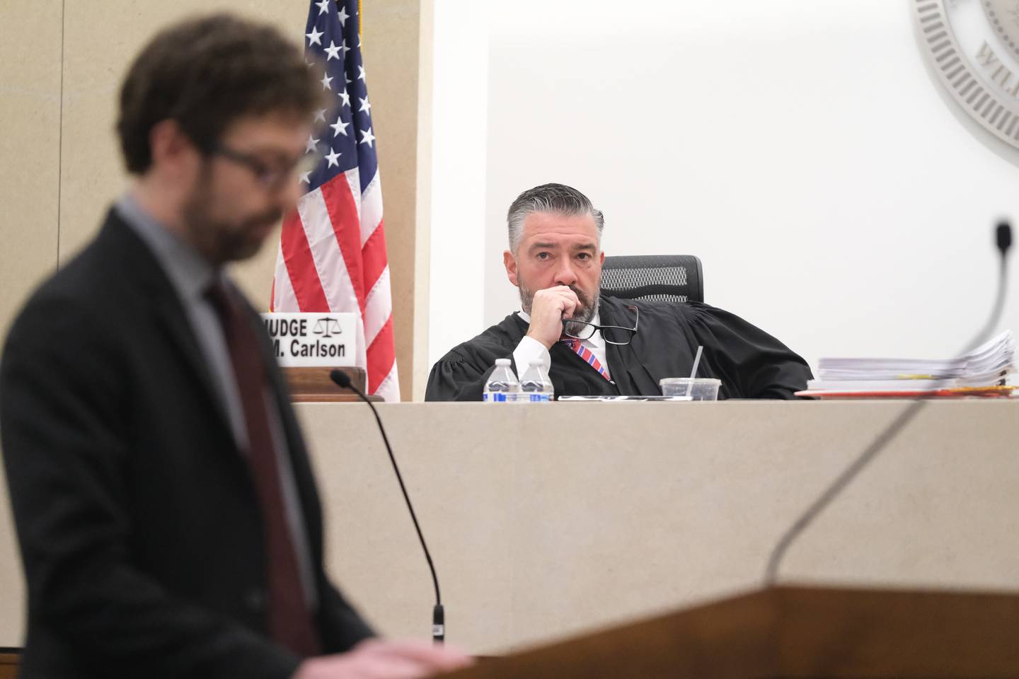 Judge David Carlson listens as prosecuting attorney Thomas Bahar gives closing arguments in the Jeremy Boshears murder trial. Boshears is charged with the murder of Kaitlyn “Katie” Kearns, 24, on Nov. 13, 2017. Friday, April 29, 2022, in Joliet.