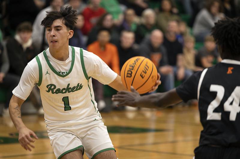 Rock Falls’ Austin Castaneda handles the ball against Kewanee Wednesday, Nov. 27, 2024, at Rock Falls High School.
