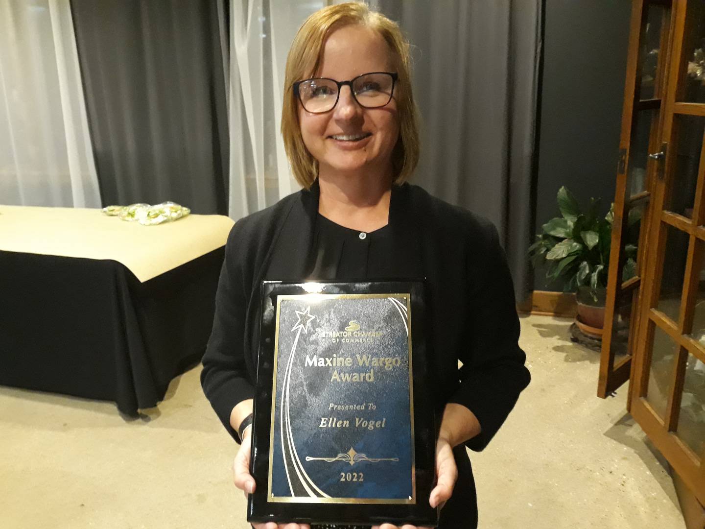 Ellen Vogel, of OSF and Live Well Streator, was named the Maxine Wargo Award winner at the Streator Chamber's 109th annual meeting Monday, Sept. 19, 2022. The award is given to an individual who stands out for their volunteer work to the city.
