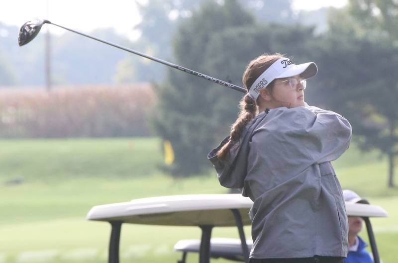 Princeton's Addie Carr tees off during the Class 1A Regional golf meet on Thursday, Sept. 28, 2023 at Spring Creek Golf Course in Spring Valley.