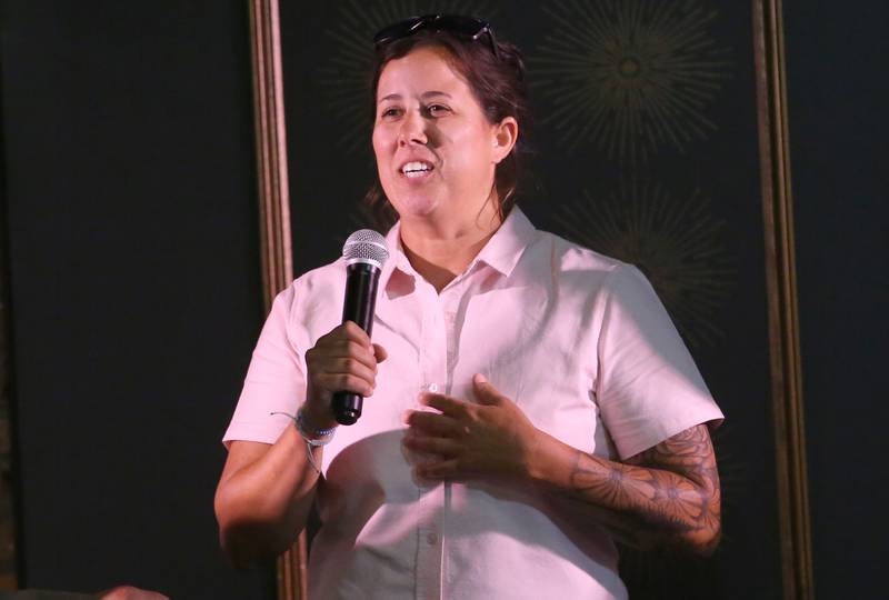 Mendota/IVCC alumna and basketball star Jaci Bice speaks during the 2025 Shaw Media Illinois Valley Sports Hall of Fame at the Auditorium Ballroom in La Salle.