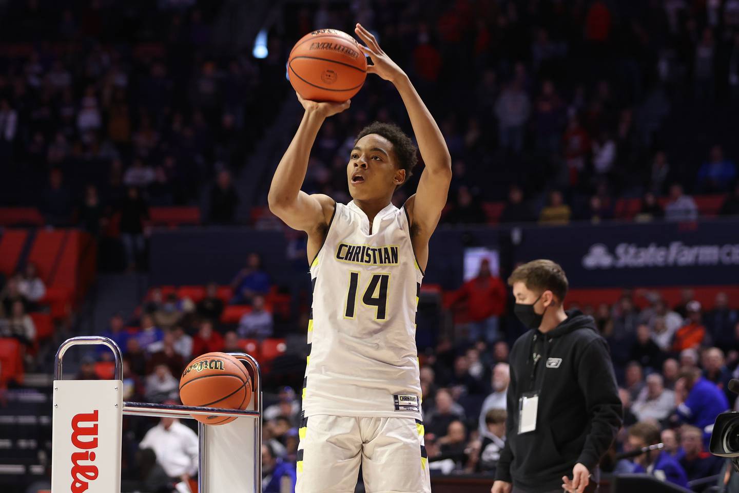 Yorkville Christian’s David Douglas Jr. competes in the 3 point contest at State Farm Center in Champaign. Saturday, Mar. 12, 2022, in Champaign.