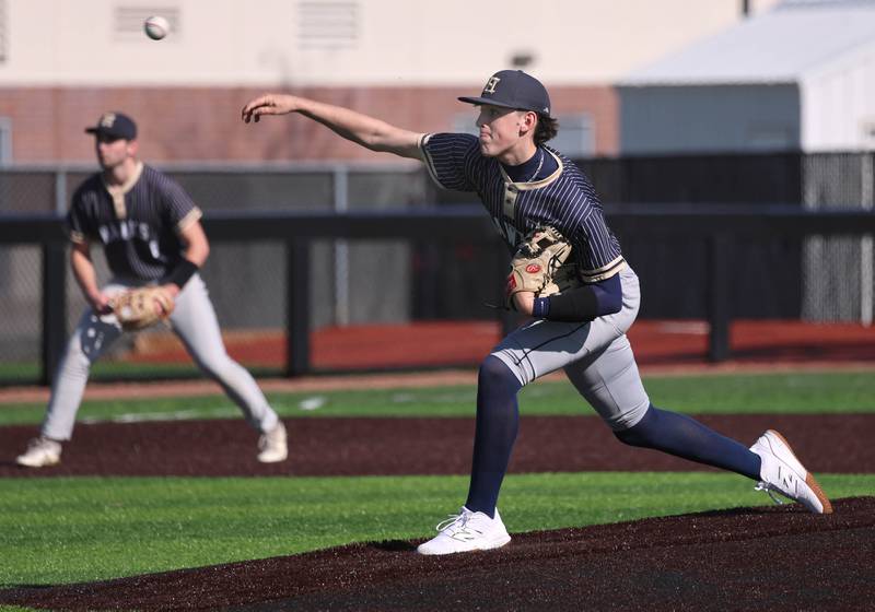 Hiawatha's Colby Wylde delivers a pitch during their game against South Beloit Thursday, April 16, 2026, at Northern Illinois University in DeKalb.